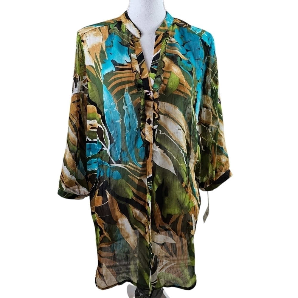 TANJAY Tropical Print Sheer Button Down Blouse in 16 NWT